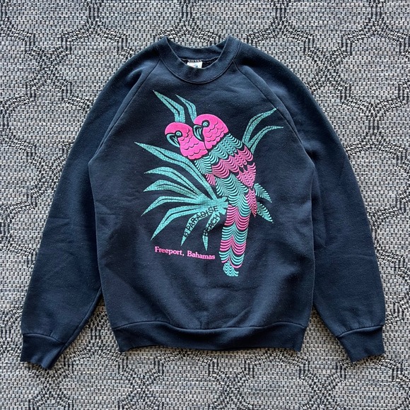 Fruit of the Loom Other - Vintage Nature Sweatshirt Mens Large Black Paradise Destination Bahamas Parrots